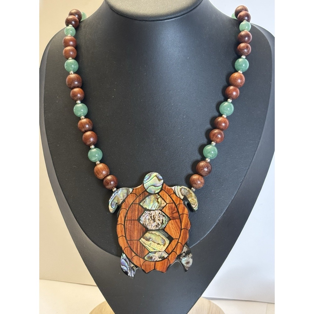 Abalone Wood Sea Turtle Necklace Shell Jade beaded 24" Statement Stunning